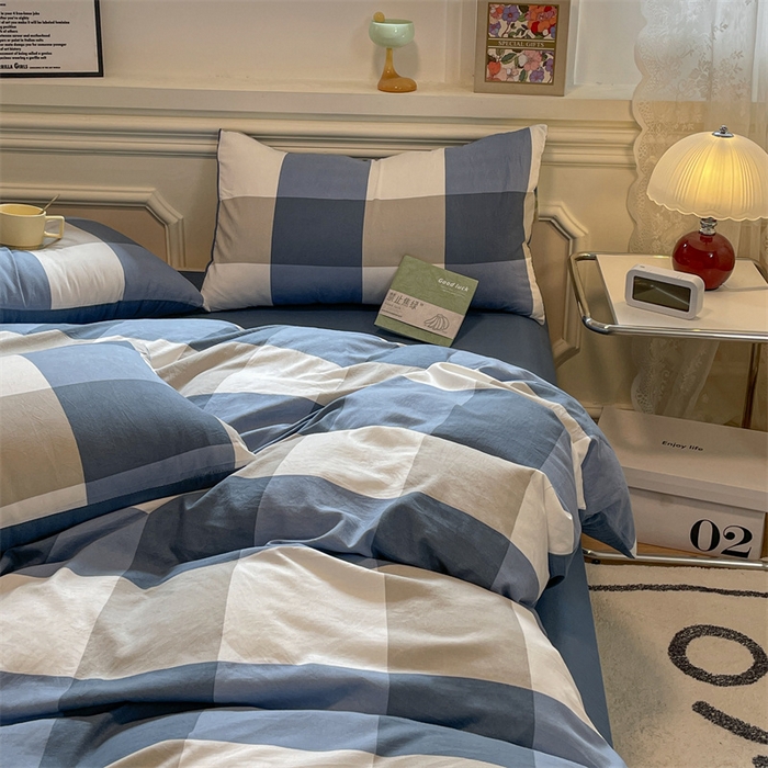 91家纺网 家纺一手货源 找家纺 盛秋家纺 2025新款水洗棉格子系列四件套 蓝大格+宾利蓝