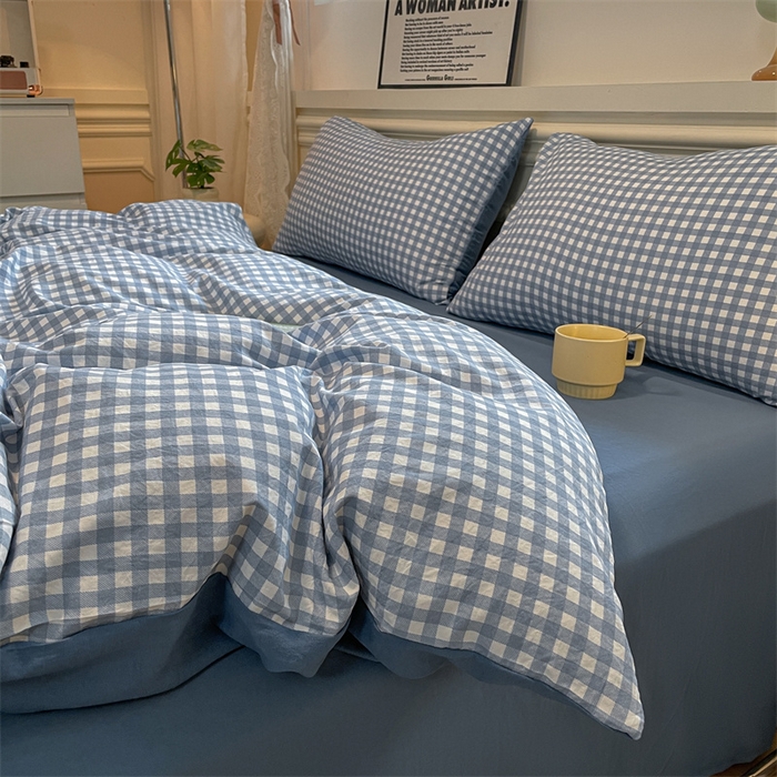 91家纺网 家纺一手货源 找家纺 盛秋家纺 2025新款水洗棉格子系列四件套 蓝小格+蓝灰