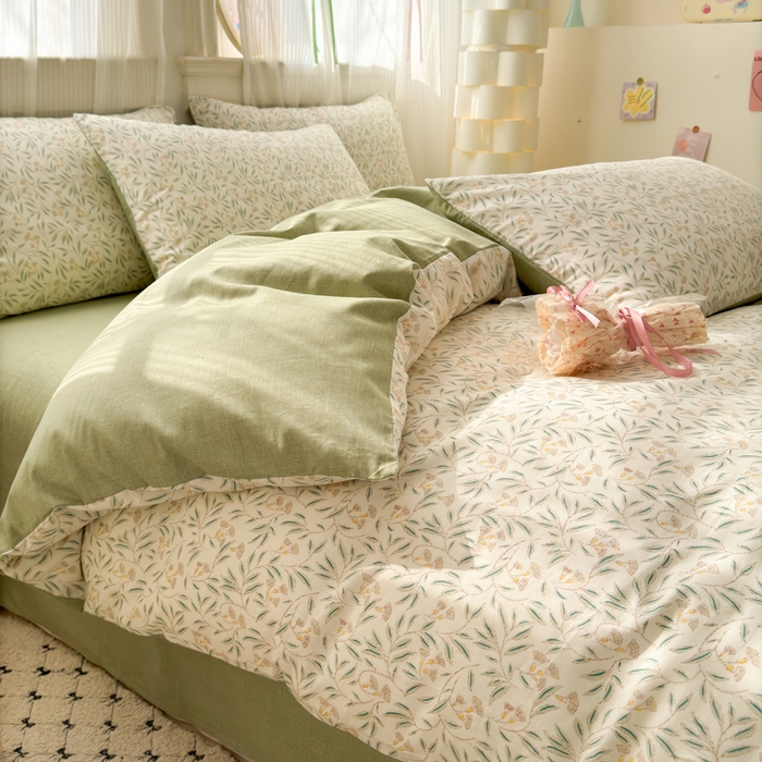 91家纺网 家纺一手货源 找家纺 清雅福 2025全棉13372小清新四件套和单被套早春系列第二批--四件套 绿茵