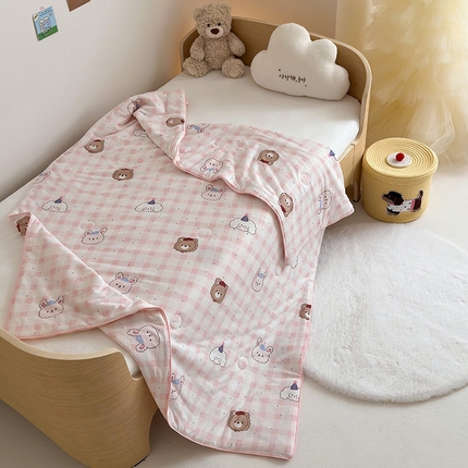 嗨生活 2025年新款针织棉夏被 儿童夏被 幼儿园夏凉被 粉格小熊
