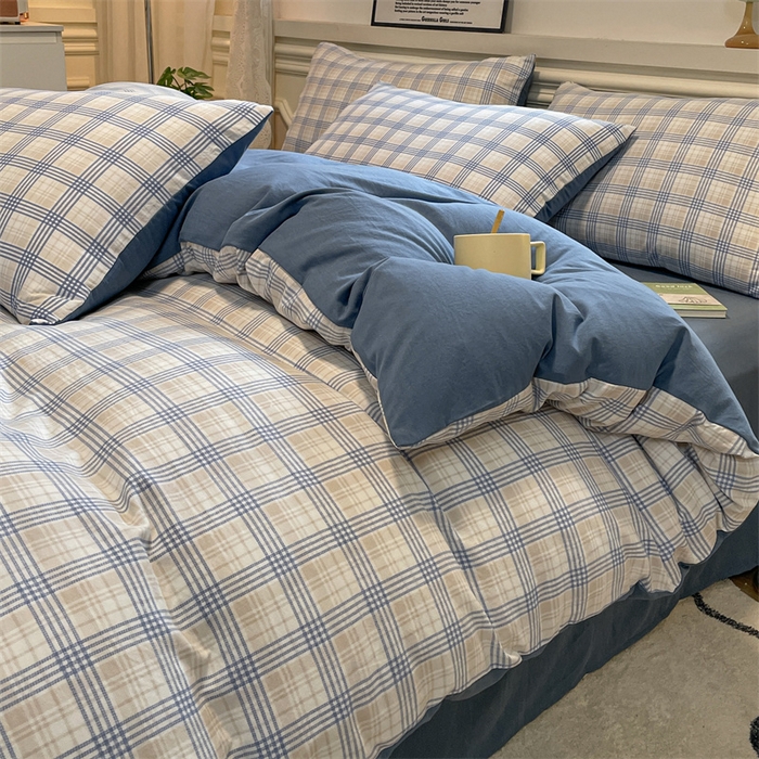 91家纺网 家纺一手货源 找家纺 盛秋家纺 2025新款水洗棉格子系列四件套 博克+蓝灰