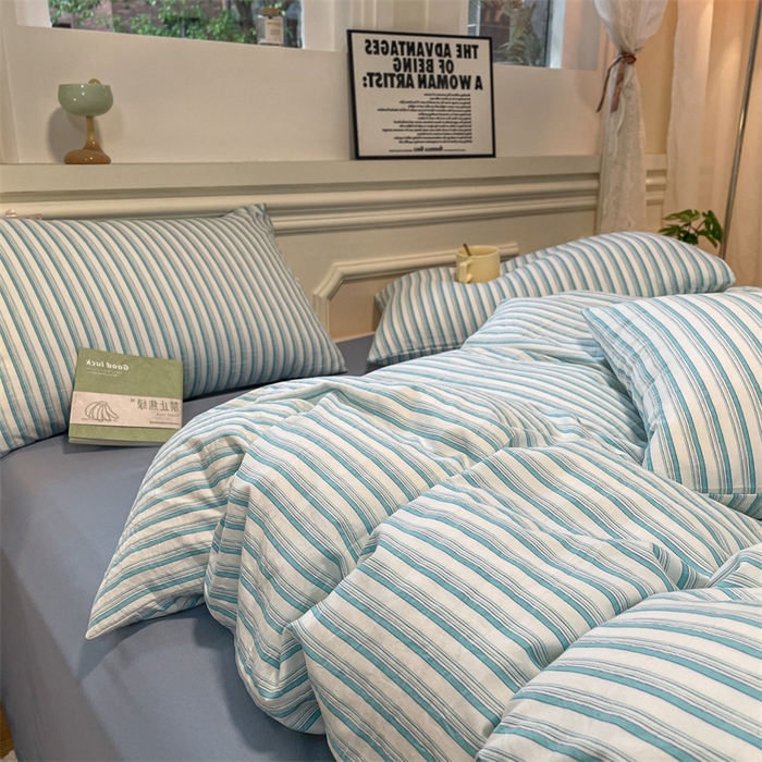 91家纺网 家纺一手货源 找家纺 盛秋家纺 2025新款水洗棉格子系列四件套莫拉绿+海清