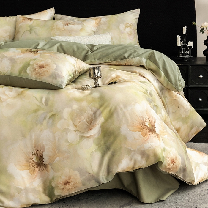 91家纺网 家纺一手货源 找家纺 立奥被业 2025新款60S数码印花四件套四件套 微澜-绿