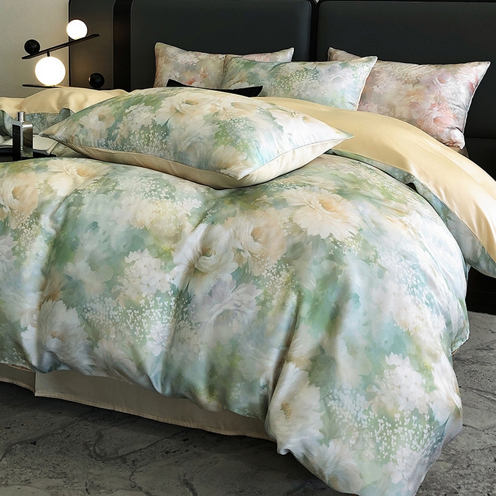 91家纺网 家纺一手货源 找家纺 立奥被业 2025年新款100%兰精天丝四件套天丝数码印花四件套 蜜合金