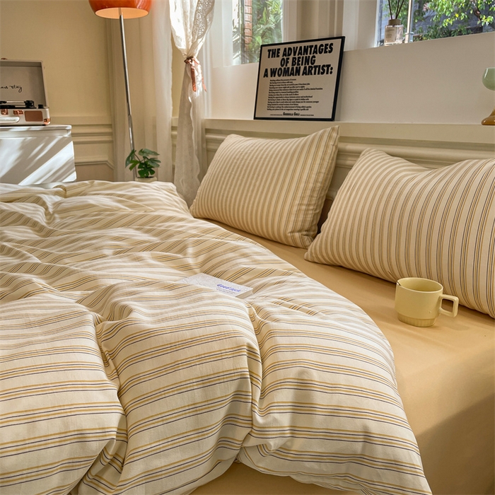 91家纺网 家纺一手货源 找家纺 盛秋家纺 2025新款水洗棉格子系列四件套芝士条纹+云初黄