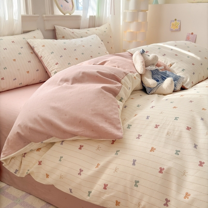 清雅福 2025全棉13372小清新四件套和单被套早春系列第二批--四件套 糖果蝴蝶结