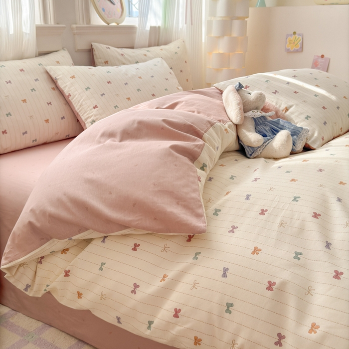 91家纺网 家纺一手货源 找家纺 清雅福 2025全棉13372小清新四件套和单被套早春系列第二批--四件套 糖果蝴蝶结