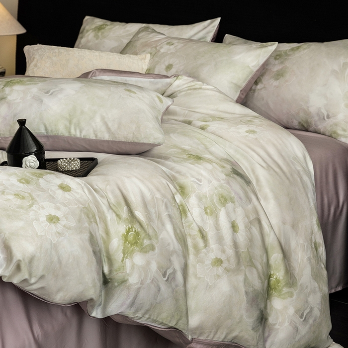 91家纺网 家纺一手货源 找家纺 立奥被业 2025年新款100%兰精天丝四件套天丝数码印花四件套 天仙子-灰