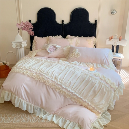 富盛家纺 2025新款水洗亲肤棉盘花刺绣床裙款四件套公主风四件套甜蜜蜜系列 甜蜜蜜-粉