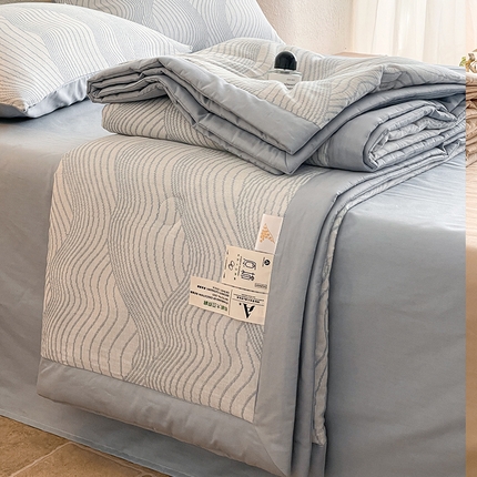 一加一家纺2025新款A类全棉三层纱色织提花大豆夏被四件套 波纹--蓝