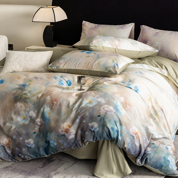 91家纺网 家纺一手货源 找家纺 立奥被业 2025新款60S数码印花四件套四件套 花仙绿