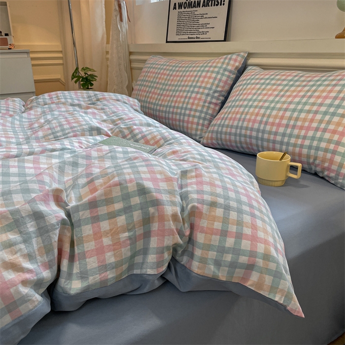 91家纺网 家纺一手货源 找家纺 盛秋家纺 2025新款水洗棉格子系列四件套 朵拉+海清