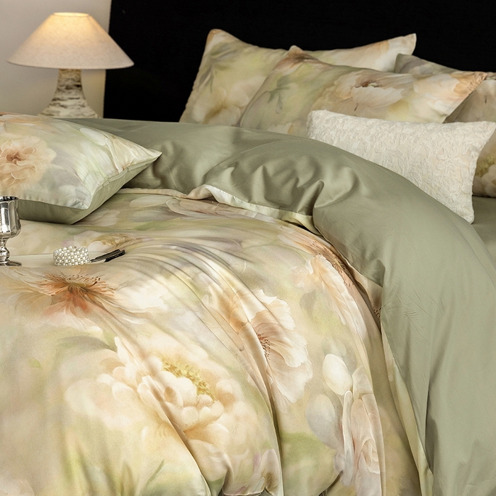 91家纺网 家纺一手货源 找家纺 立奥被业 2025新款60S数码印花四件套四件套 微澜-绿