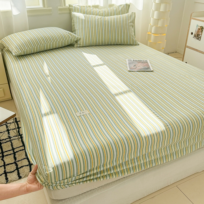 91家纺网 家纺一手货源 找家纺 眠博士2025新款 全棉双层纱 单床笠 双层纱床笠-黄绿条