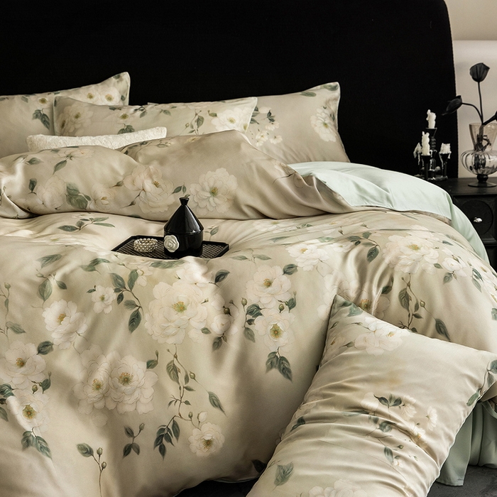 91家纺网 家纺一手货源 找家纺 立奥被业 2025年新款100%兰精天丝四件套天丝数码印花四件套 木兰花-绿