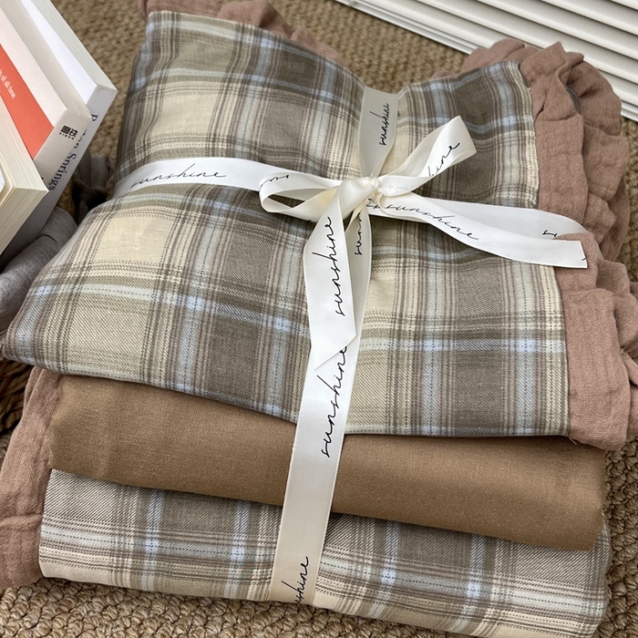 91家纺网 家纺一手货源 找家纺 荣轩 2024新款全棉印花双层纱四件套 皱皱纱花边款 云川寄禾