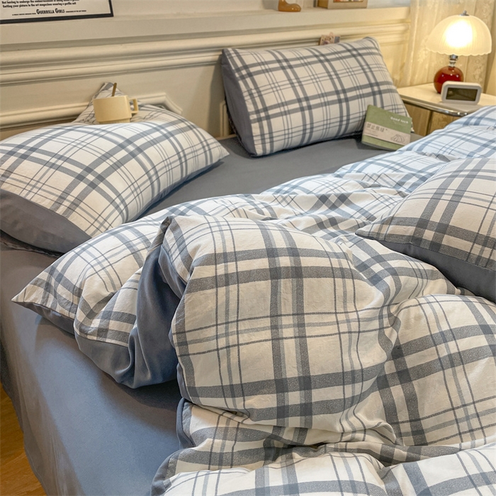 91家纺网 家纺一手货源 找家纺 盛秋家纺 2025新款水洗棉格子系列四件套 简约+海清