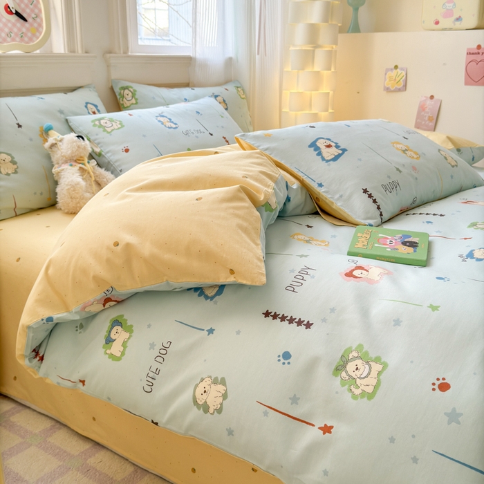 91家纺网 家纺一手货源 找家纺 清雅福 2025全棉13372小清新四件套和单被套早春系列第二批--单枕套 旺柴犬·蓝