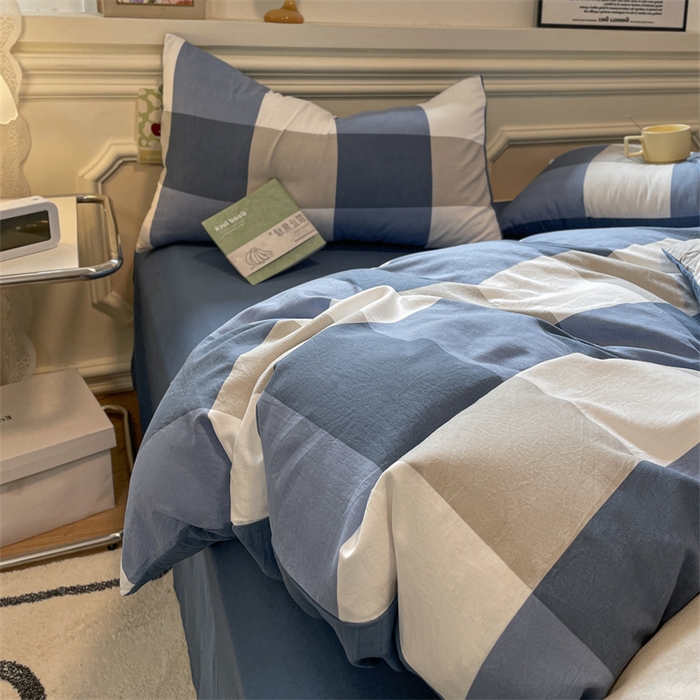 91家纺网 家纺一手货源 找家纺 盛秋家纺 2025新款水洗棉格子系列四件套 蓝大格+宾利蓝