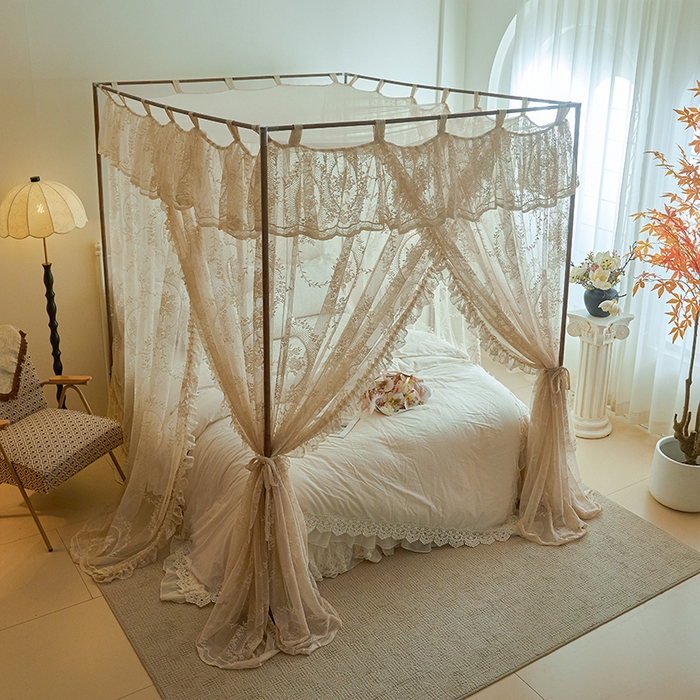 91家纺网 家纺一手货源 找家纺 都市缘蚊帐 2025新款A902穿杆落地宫廷蚊帐烤漆支架款 902薇尔庄园-奶油杏