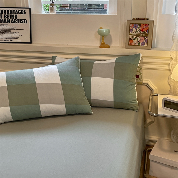 91家纺网 家纺一手货源 找家纺 盛秋家纺 2025新款水洗棉格子系列四件套 绿大格+明灰