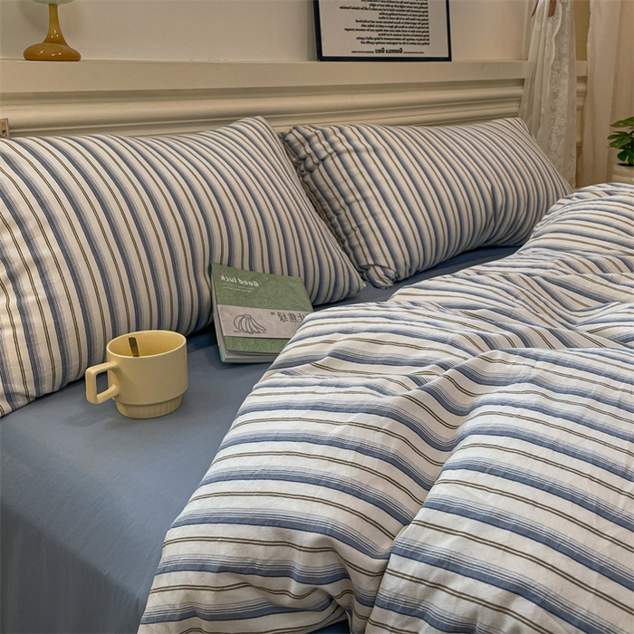 91家纺网 家纺一手货源 找家纺 盛秋家纺 2025新款水洗棉格子系列四件套灰苏条+蓝灰