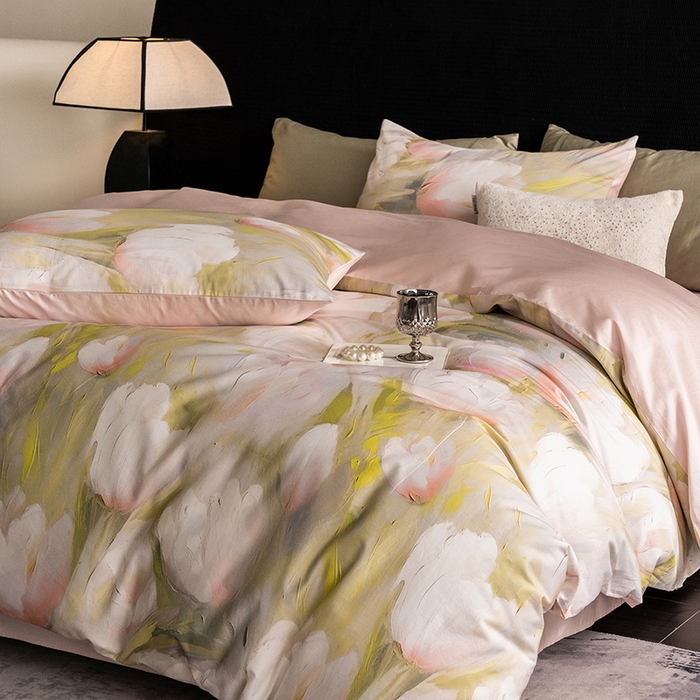 91家纺网 家纺一手货源 找家纺 立奥被业 2025新款60S数码印花四件套四件套 郁金香粉