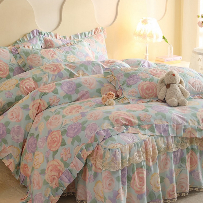 91家纺网 家纺一手货源 找家纺 美达家纺 2025新款全棉印花床裙四件套 花幽兰-绿