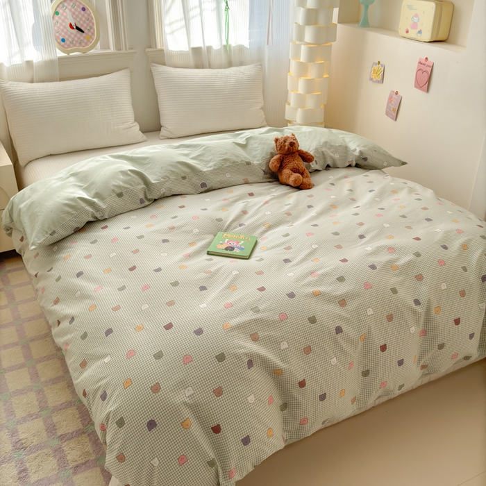 91家纺网 家纺一手货源 找家纺 清雅福 2025全棉13372小清新四件套和单被套早春系列第二批--单被套 熊豆豆·绿