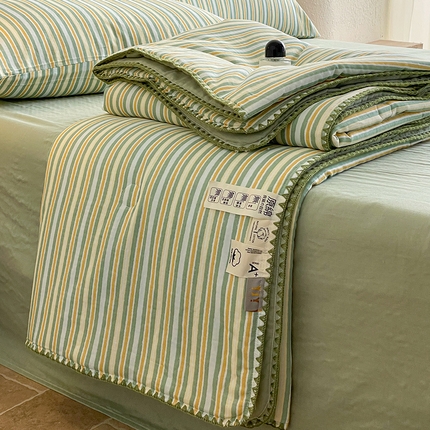 一加一 2025新款A类母婴级全棉双层纱牛奶蛋白夏被四件套 绿彩条