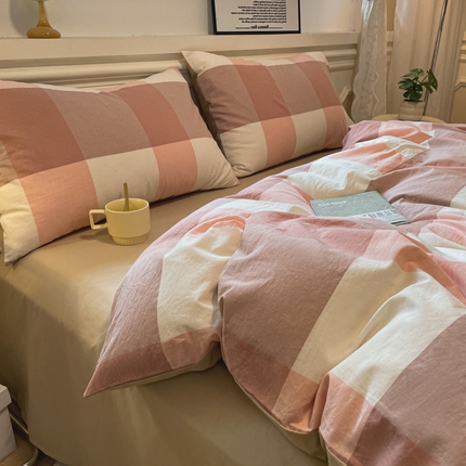 盛秋家纺 2025新款水洗棉格子系列四件套 咖大格+奶茶