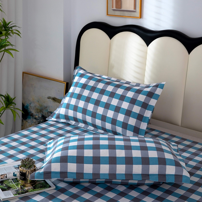 91家纺网 家纺一手货源 找家纺 帛洵2025新款原棉老粗布床单 灰蓝格子