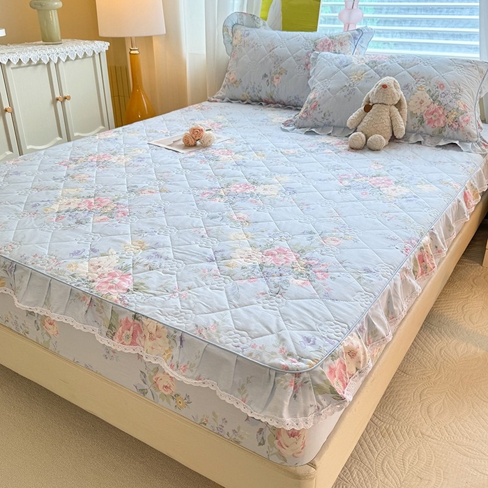 91家纺网 家纺一手货源 找家纺 美达家纺 2025新款全棉印花夹棉床笠 栀夏海棠-蓝