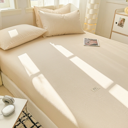 91家纺网 家纺一手货源 找家纺 眠博士2025新款 全棉双层纱 单床笠 双层纱床笠-浅咖条