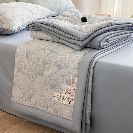 一加一家纺2025新款A类全棉三层纱色织提花大豆夏被四件套 银杏叶--蓝