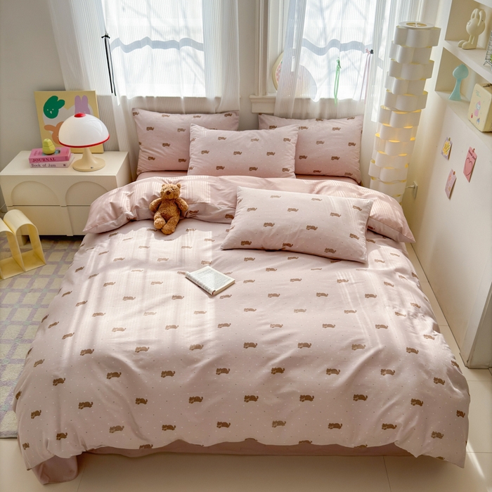 91家纺网 家纺一手货源 找家纺 清雅福 2025全棉13372小清新四件套和单被套早春系列第二批--四件套 喵小喵·咖