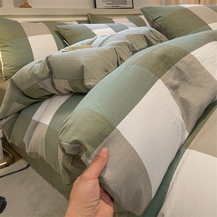 91家纺网 家纺一手货源 找家纺 盛秋家纺 2025新款水洗棉格子系列四件套 绿大格+明灰