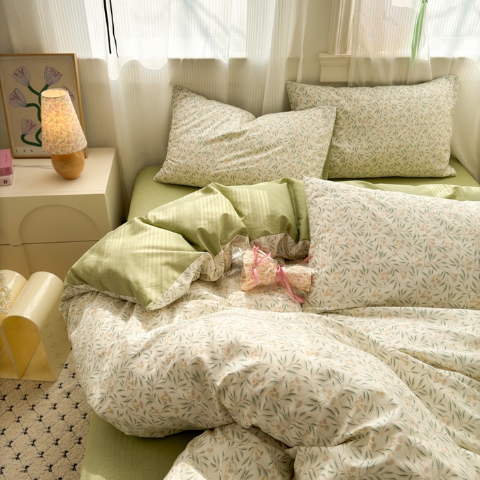 91家纺网 家纺一手货源 找家纺 清雅福 2025全棉13372小清新四件套和单被套早春系列第二批--四件套 绿茵