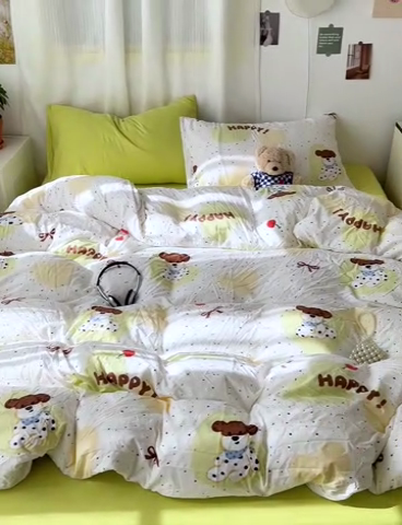 91家纺网 家纺一手货源 找家纺 仟人梦 2025新款水洗棉印花四件套 快乐狗狗