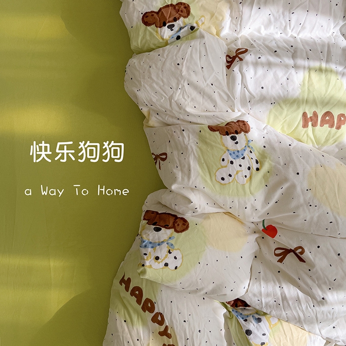 91家纺网 家纺一手货源 找家纺 仟人梦 2025新款水洗棉印花四件套 快乐狗狗