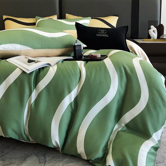 91家纺网 家纺一手货源 找家纺 立奥被业 2025年新款100%兰精天丝四件套天丝数码印花四件套 条纹绿