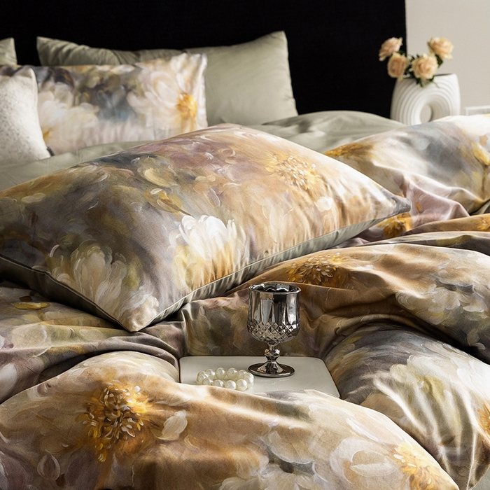 91家纺网 家纺一手货源 找家纺 立奥被业 2025新款60S数码印花四件套四件套 秋菊绿