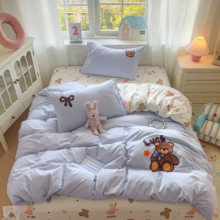 温眠家纺 2025新款水洗棉毛巾绣四件套 帕帕熊-兰