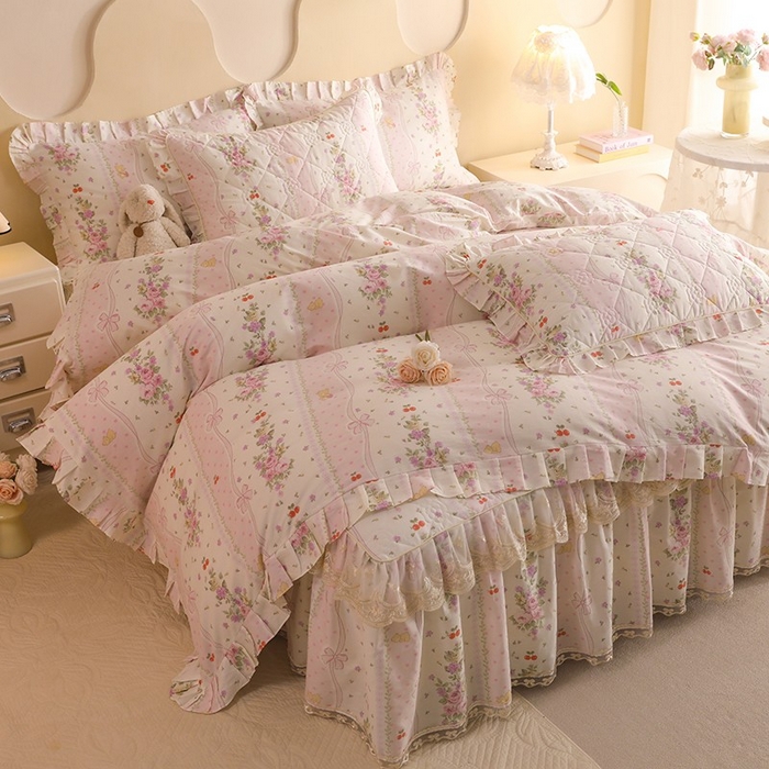 91家纺网 家纺一手货源 找家纺 美达家纺 2025新款全棉印花床裙四件套 少女心结