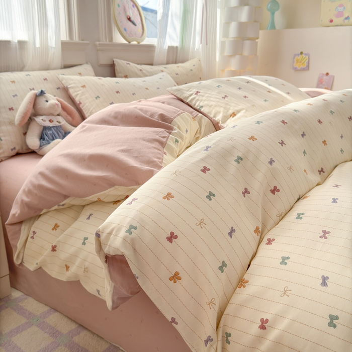 91家纺网 家纺一手货源 找家纺 清雅福 2025全棉13372小清新四件套和单被套早春系列第二批--单枕套 糖果蝴蝶结