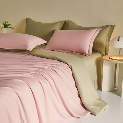 帛美家纺 2025春夏新款莫兰迪色40S莱赛尔双拼天丝棉四件套 豆沙-沙漠黄-