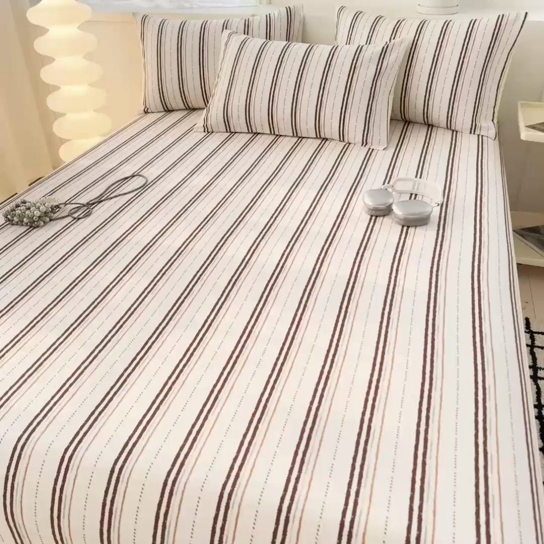 91家纺网 家纺一手货源 找家纺 眠博士2025新款全棉老粗布床单 老粗布床单-条纹咖