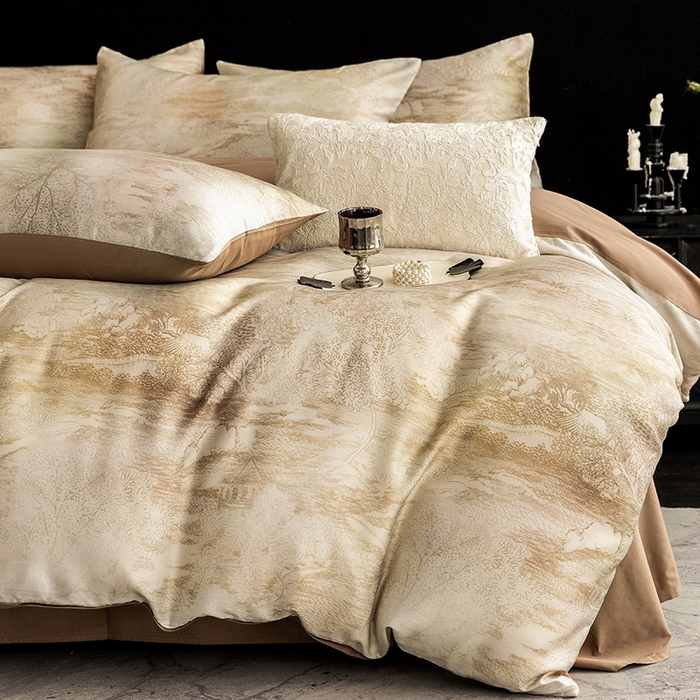 91家纺网 家纺一手货源 找家纺 立奥被业 2025新款60S数码印花四件套四件套 墨屿-咖