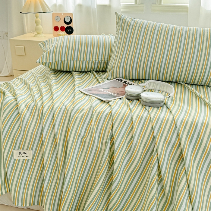 91家纺网 家纺一手货源 找家纺 眠博士2025新款全棉双层纱单枕套  双层纱枕套-黄绿条