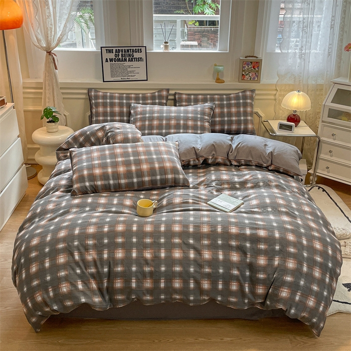 91家纺网 家纺一手货源 找家纺 盛秋家纺 2025新款水洗棉格子系列四件套 洛卡+中灰